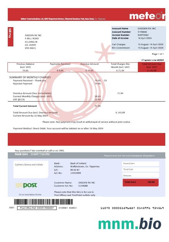 Irlandia Meteor rachunek za usługi komunalne szablon w pełni edytowalny w formatach PSD
